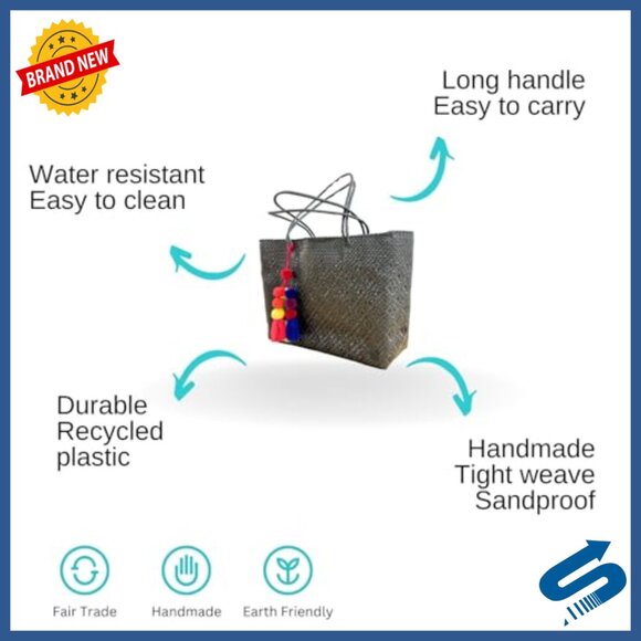 Large Recycled Plastic Tote Bag, Handwoven Mexican Artisan Beach Bag - Picture 5 of 7